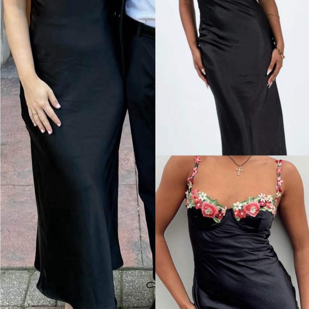 Black Satin dress with floral embroidered detail
